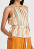Halter Neck Plisse Top with Belt in White, Blue, Orange and Gold Closeup