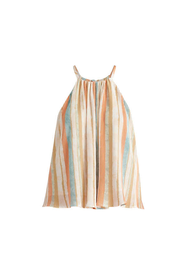 Halter Neck Plisse Top with Belt in White, Blue, Orange and Gold Cutout