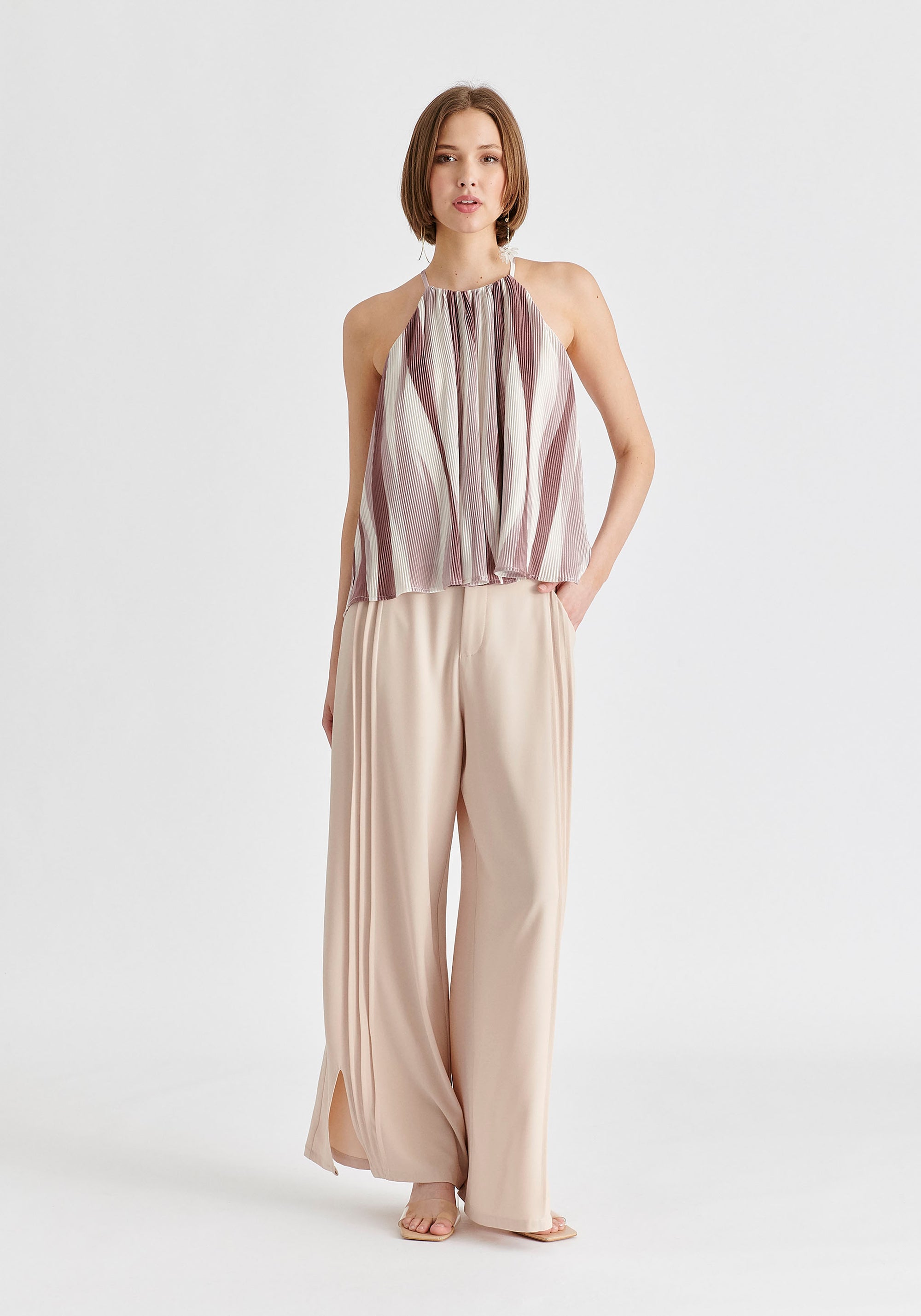 Halter Neck Plisse Top with Belt