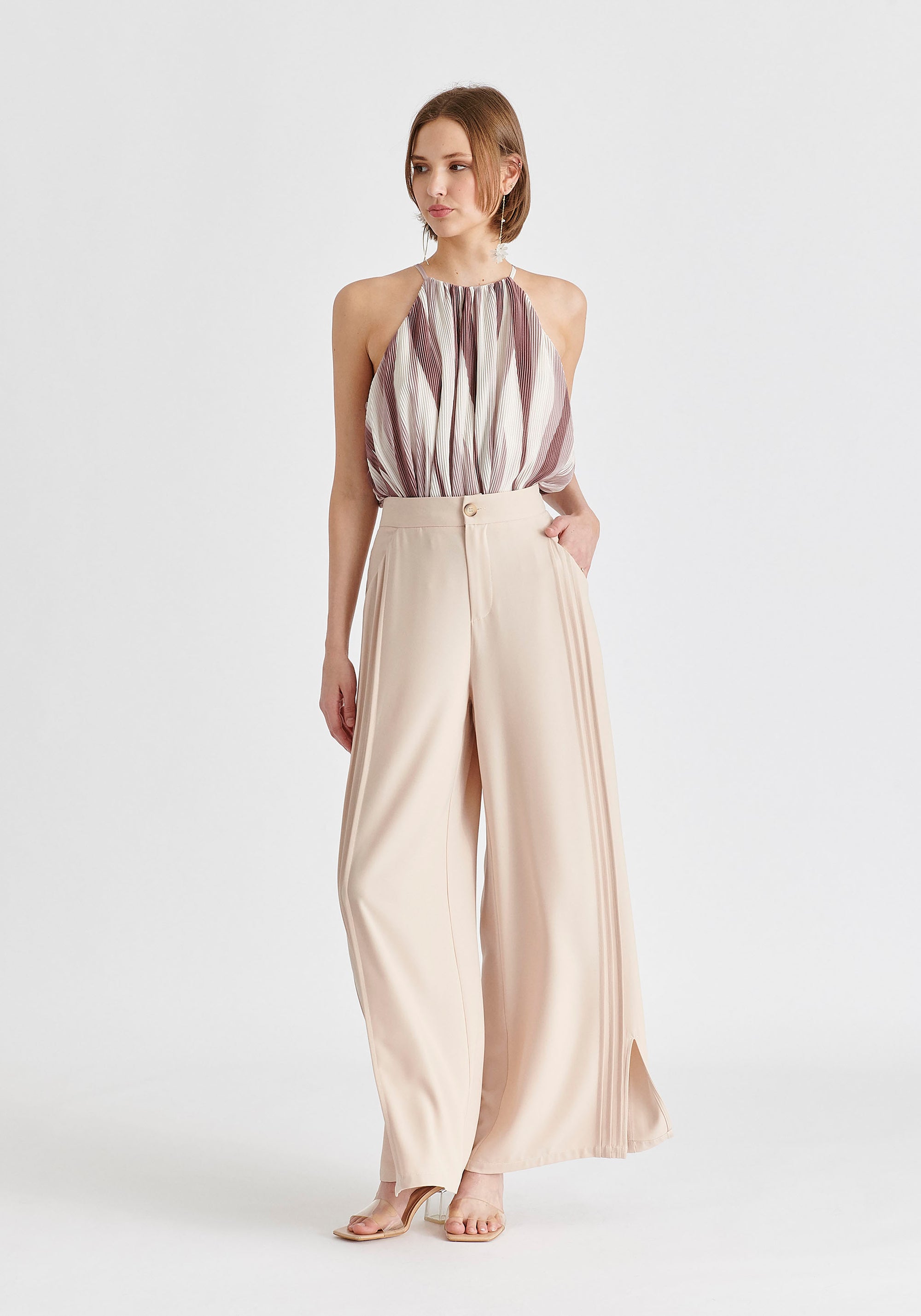 Halter Neck Plisse Top with Belt