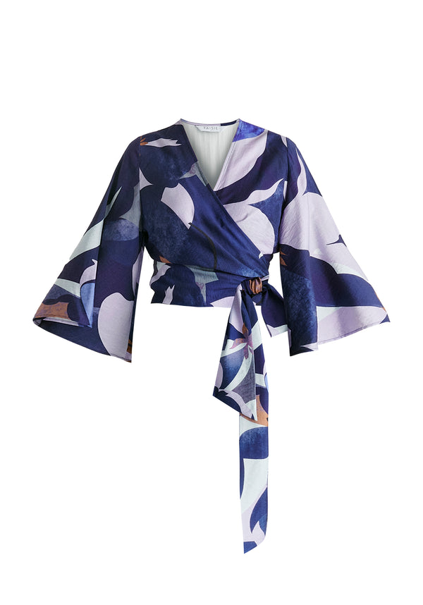 Kimono Wrap Blouse in Blue Multi Cutout
