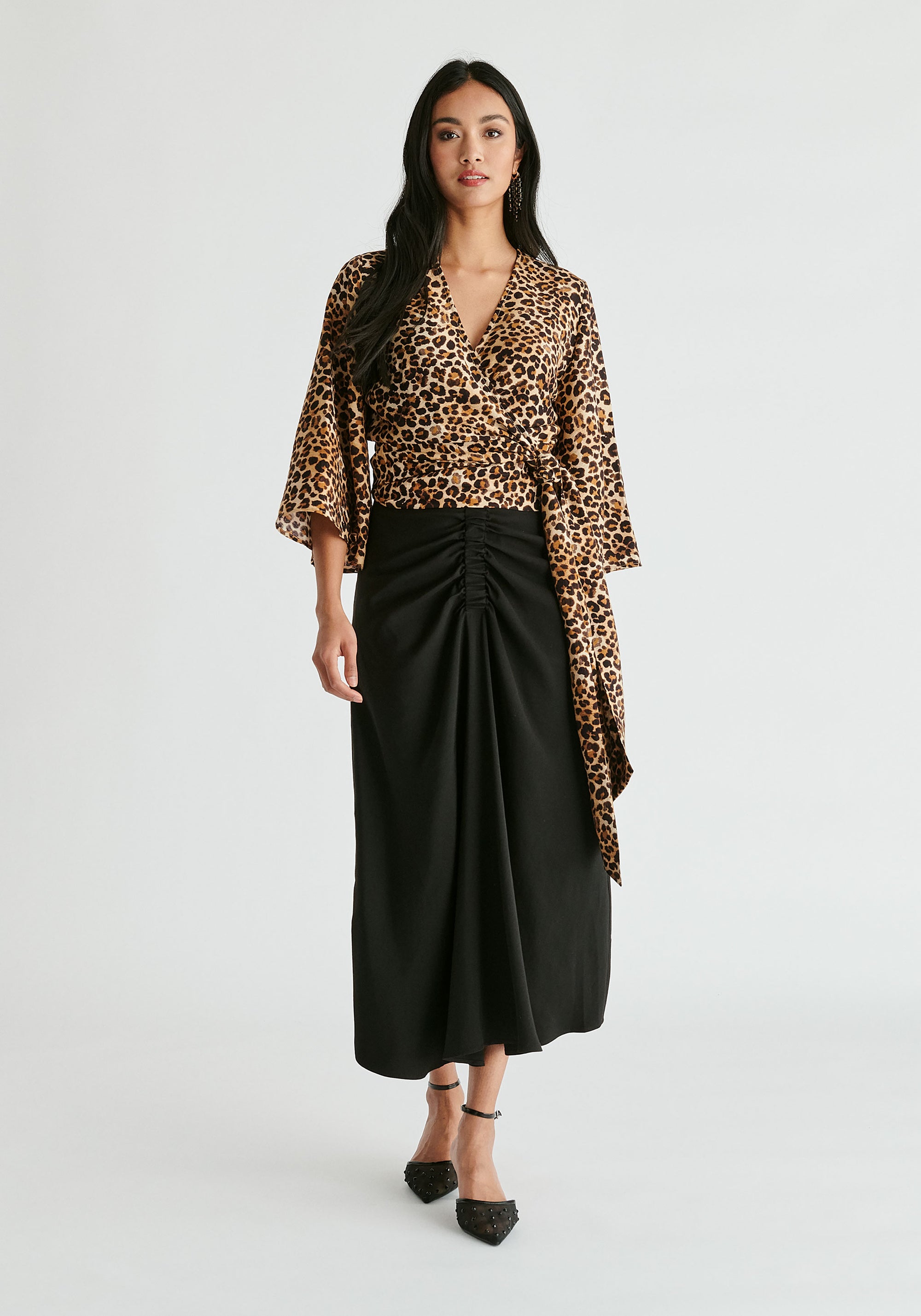 Kimono Wrap Blouse in Leopard Print Front