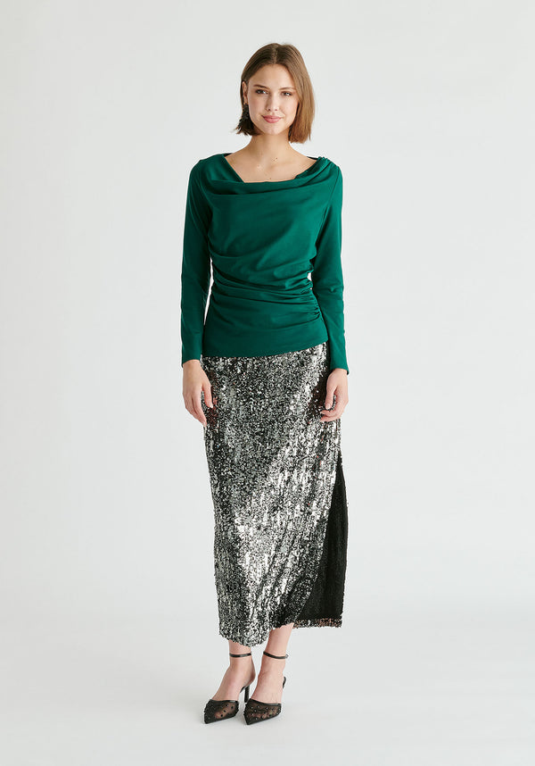Ruched Jersey Top with Draped Neck in Green