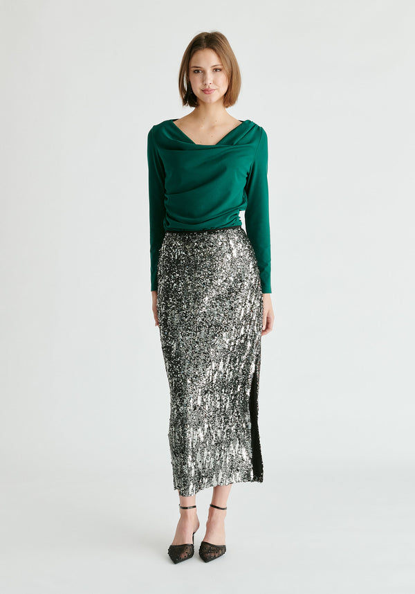 Ruched Jersey Top with Draped Neck in Green Front