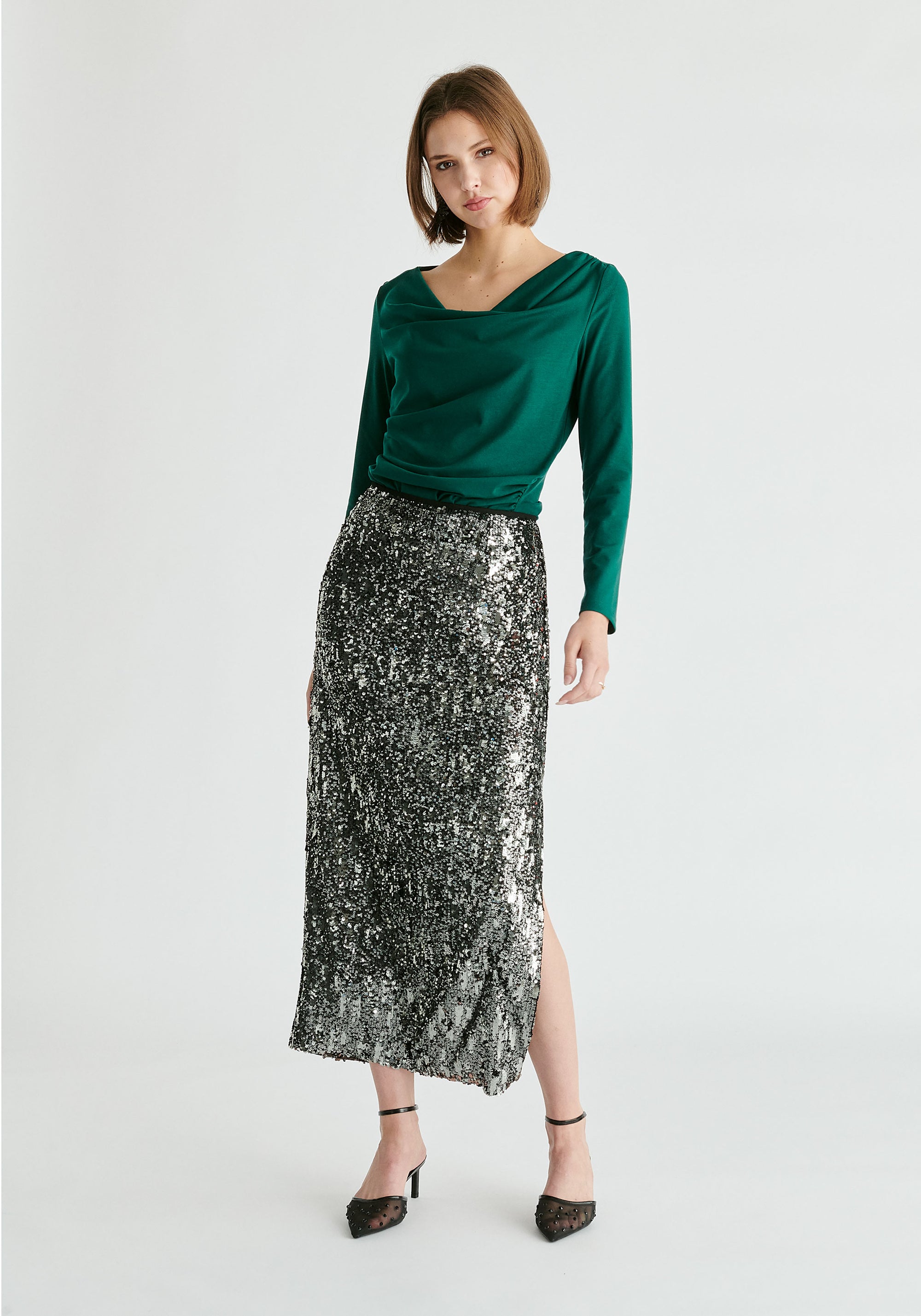 Ruched Jersey Top with Draped Neck in Green Front