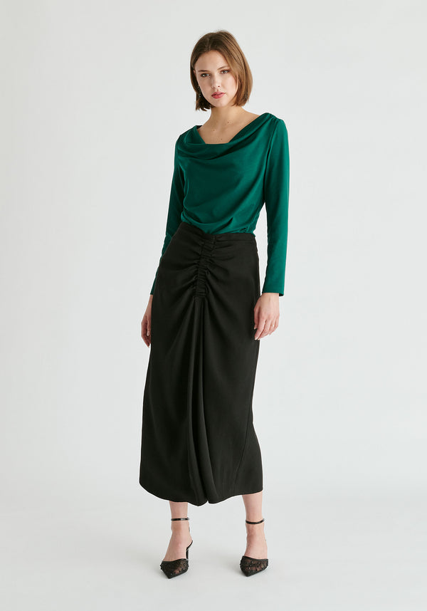 Ruched Jersey Top with Draped Neck in Green Front
