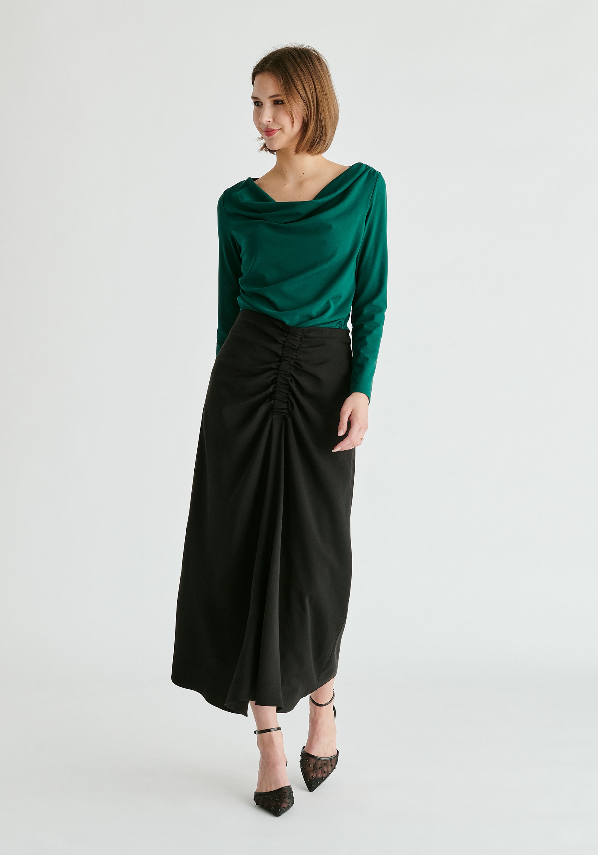 Ruched Jersey Top with Draped Neck in Green Front