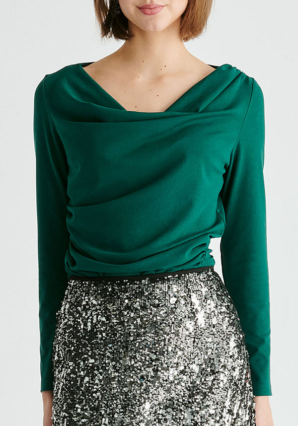 Ruched Jersey Top with Draped Neck in Green Closeup