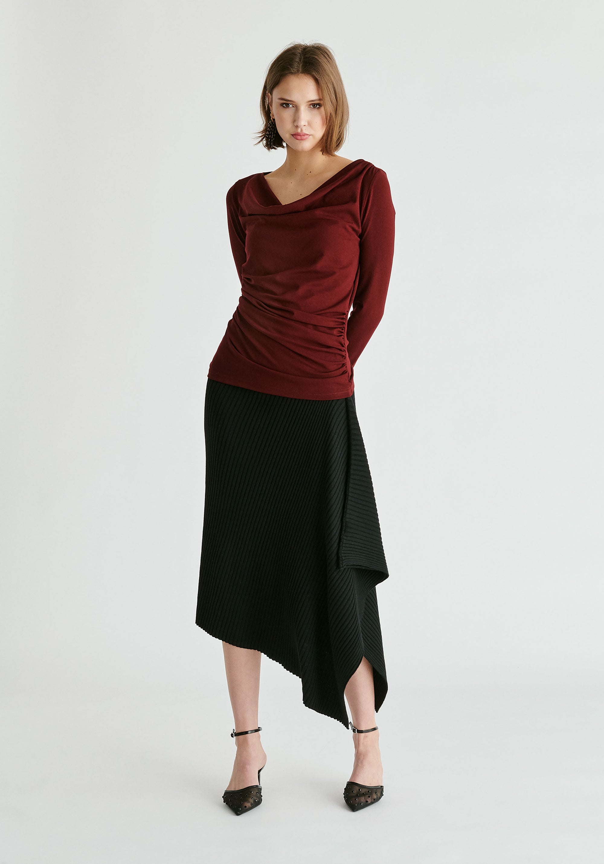 Ruched Jersey Top with Draped Neck in Burgundy