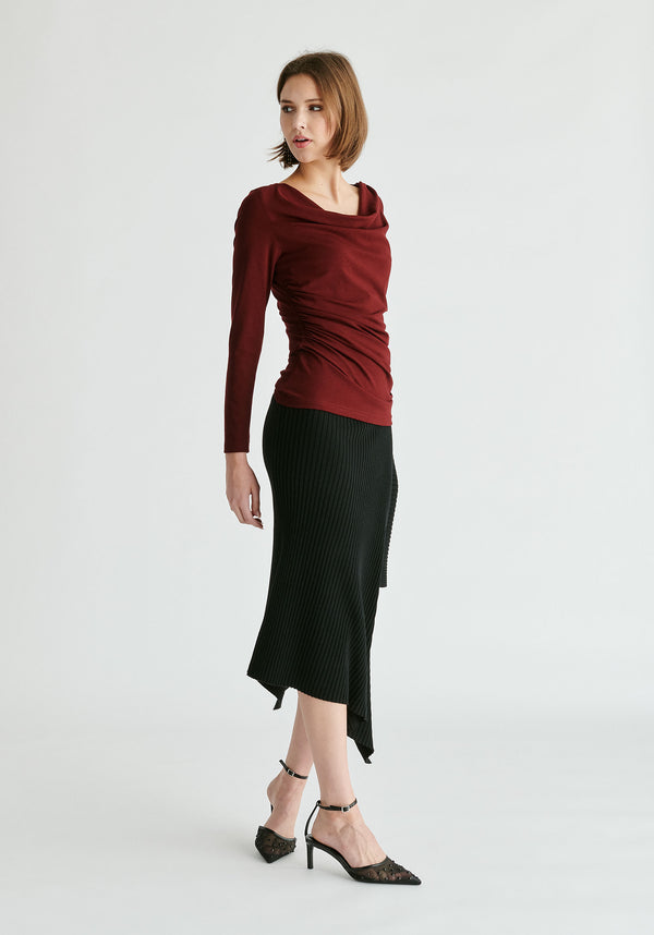 Ruched Jersey Top with Draped Neck in Burgundy Side
