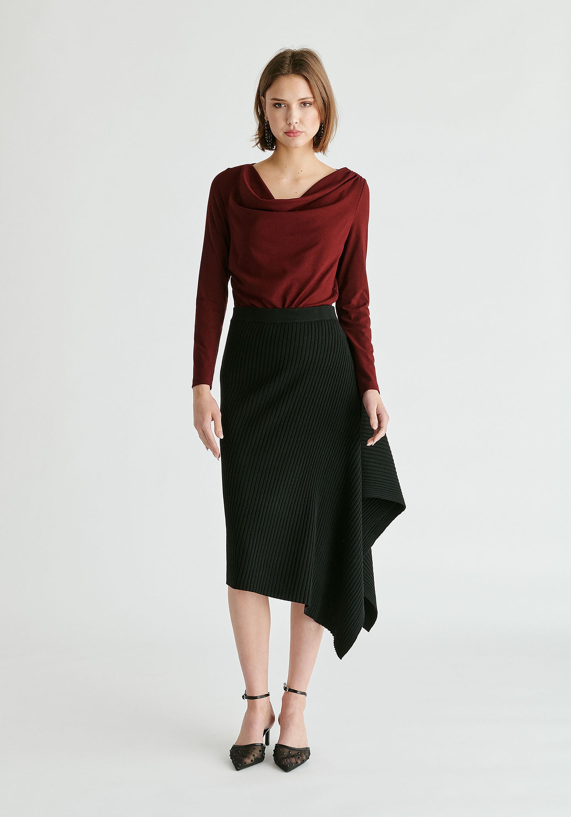 Ruched Jersey Top with Draped Neck in Burgundy Front
