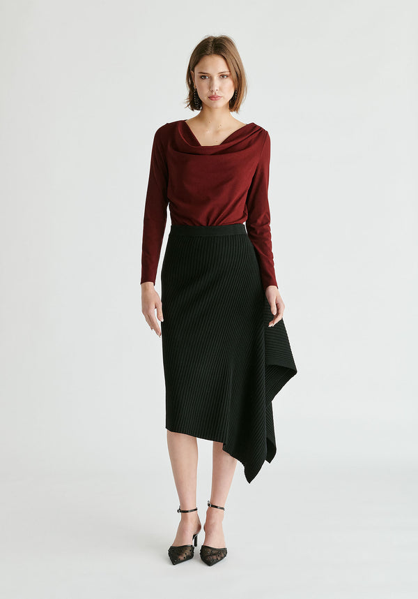 Ruched Jersey Top with Draped Neck in Burgundy Front