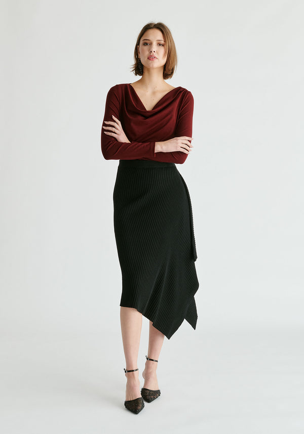 Ruched Jersey Top with Draped Neck in Burgundy Front