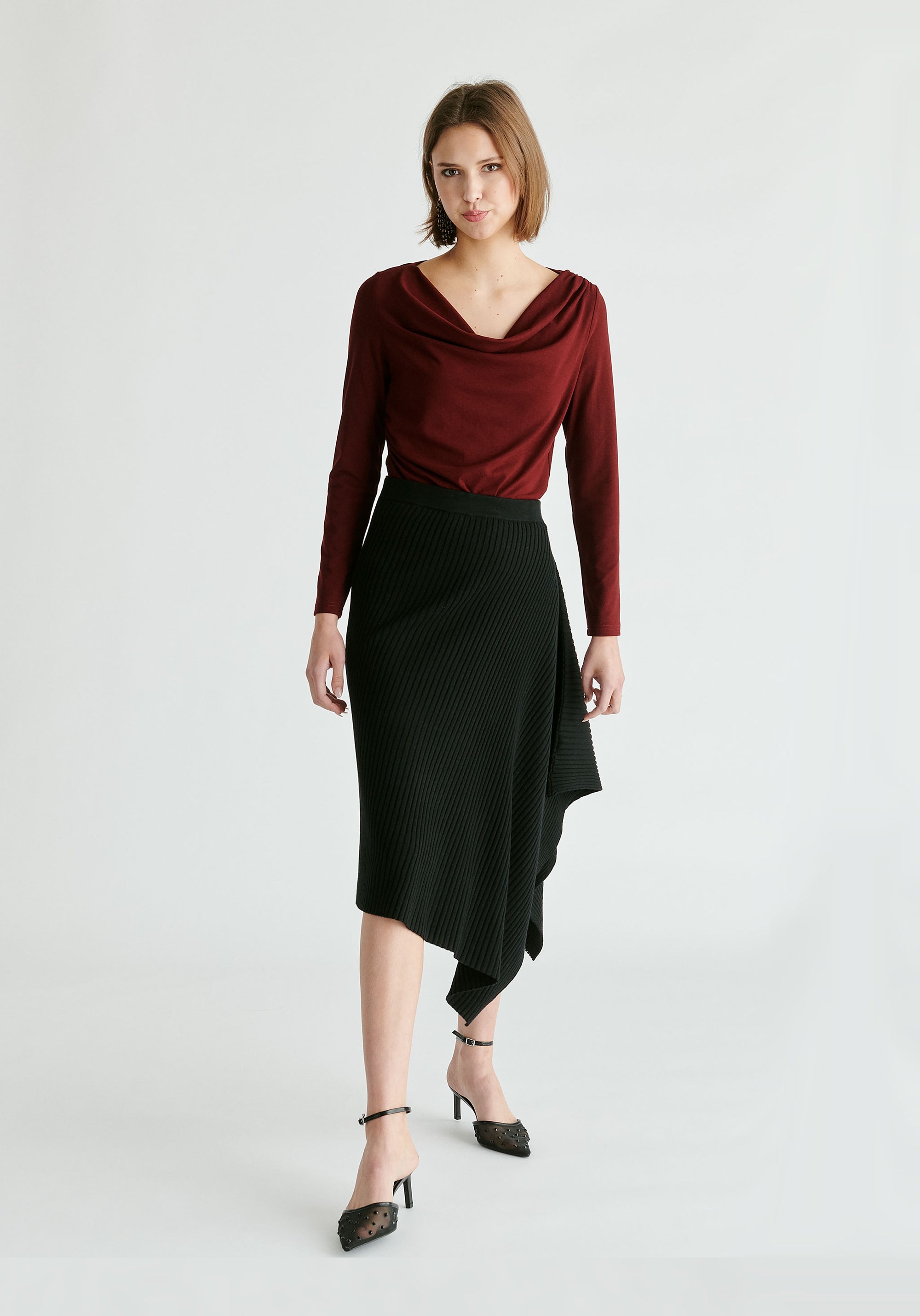 Ruched Jersey Top with Draped Neck in Burgundy Front