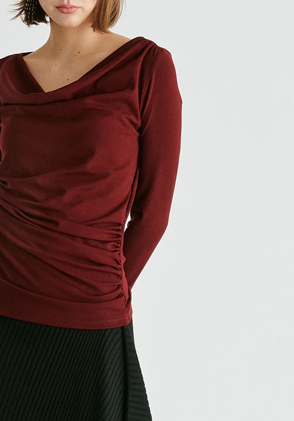 Ruched Jersey Top with Draped Neck in Burgundy Closeup