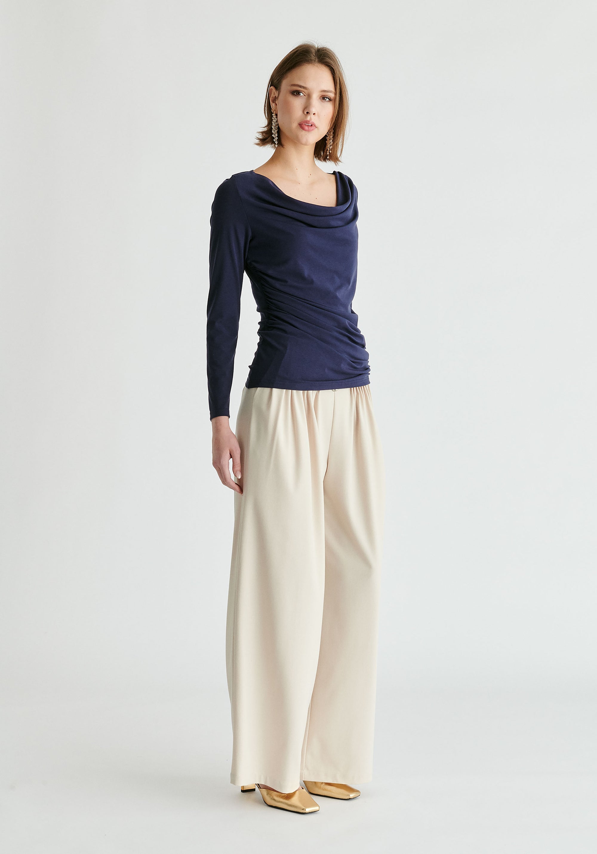 Ruched Jersey Top with Draped Neck in Navy Side