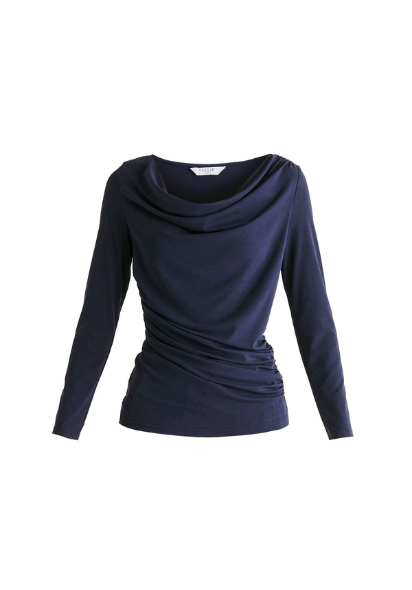 Ruched Jersey Top with Draped Neck in Navy Cutout