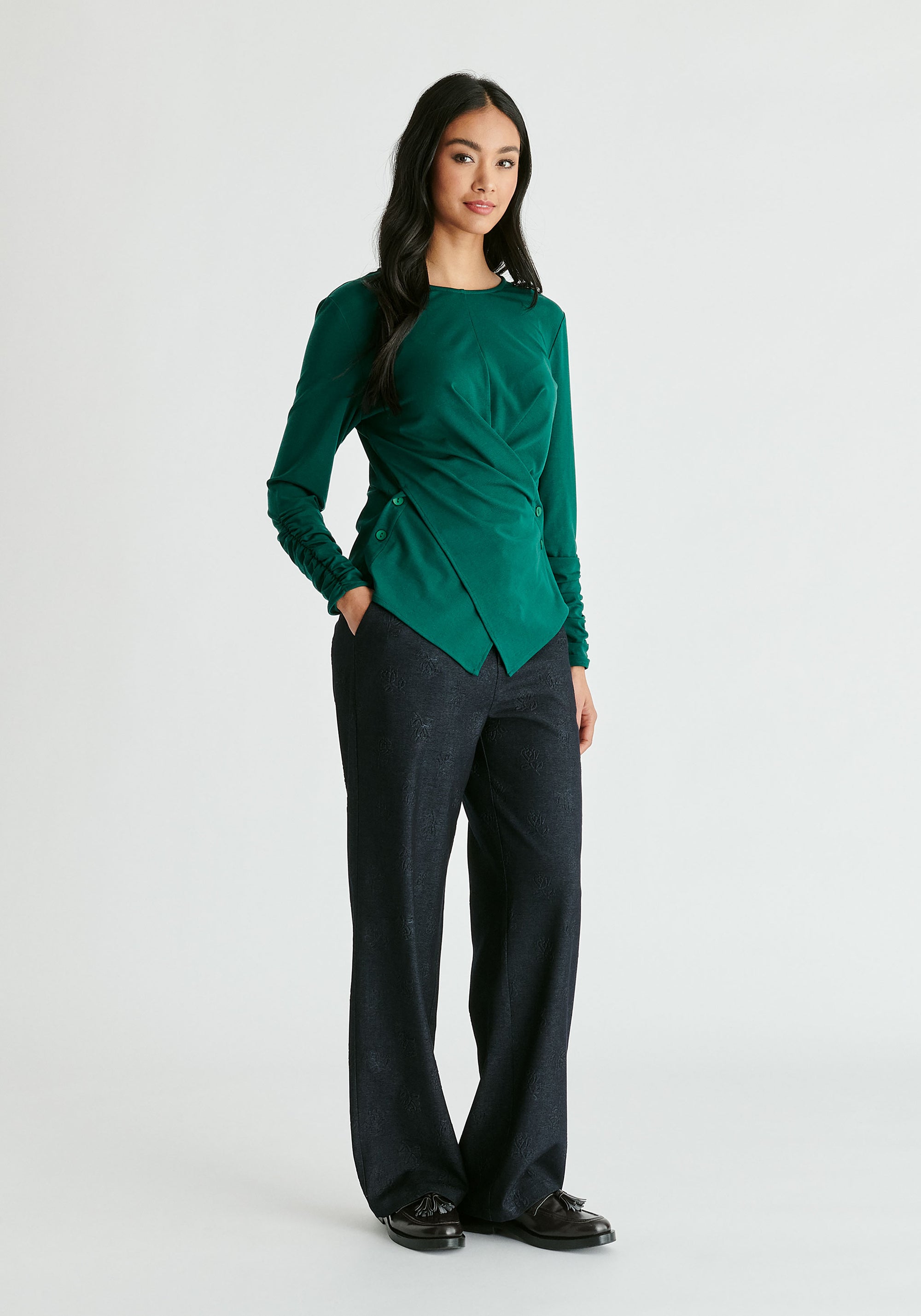 Side Button Jersey Wrap Top in Green Front
