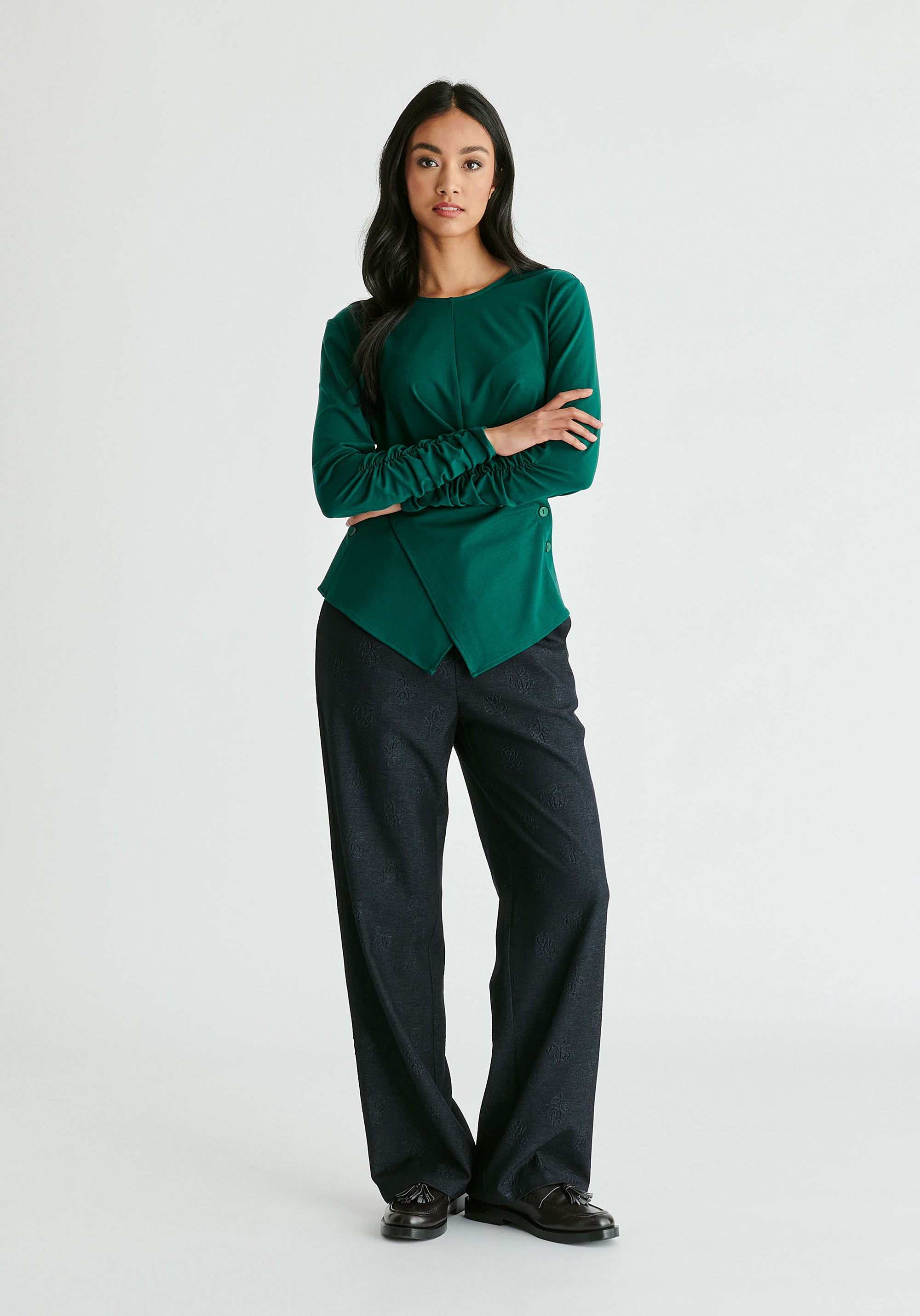 Side Button Jersey Wrap Top in Green Front