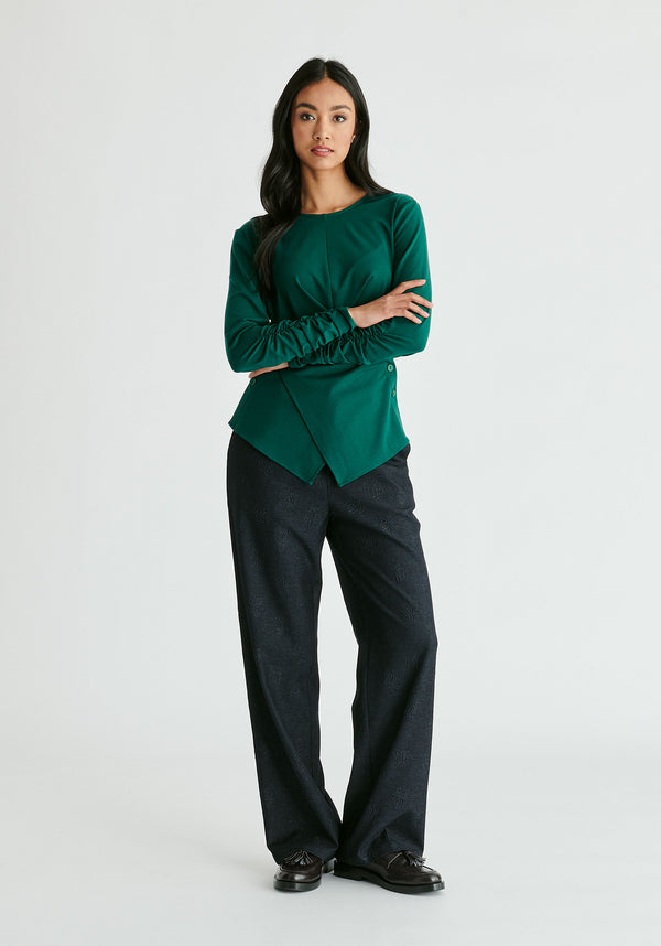 Side Button Jersey Wrap Top in Green Front
