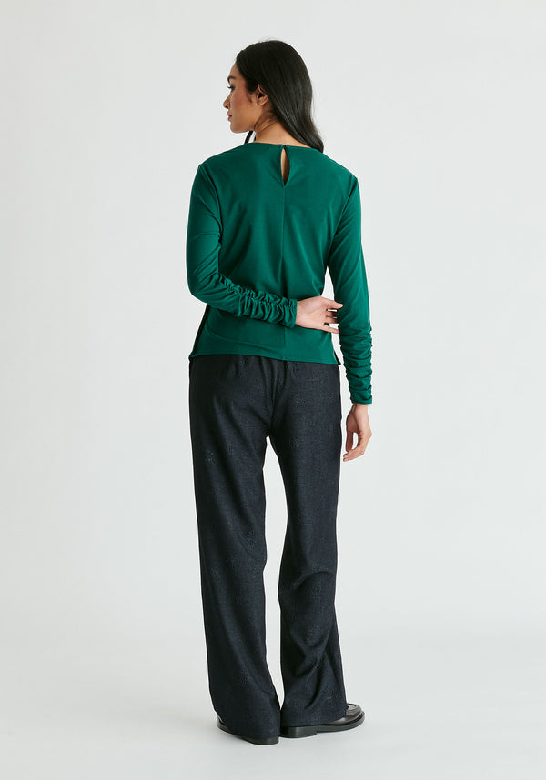 Side Button Jersey Wrap Top in Green Back