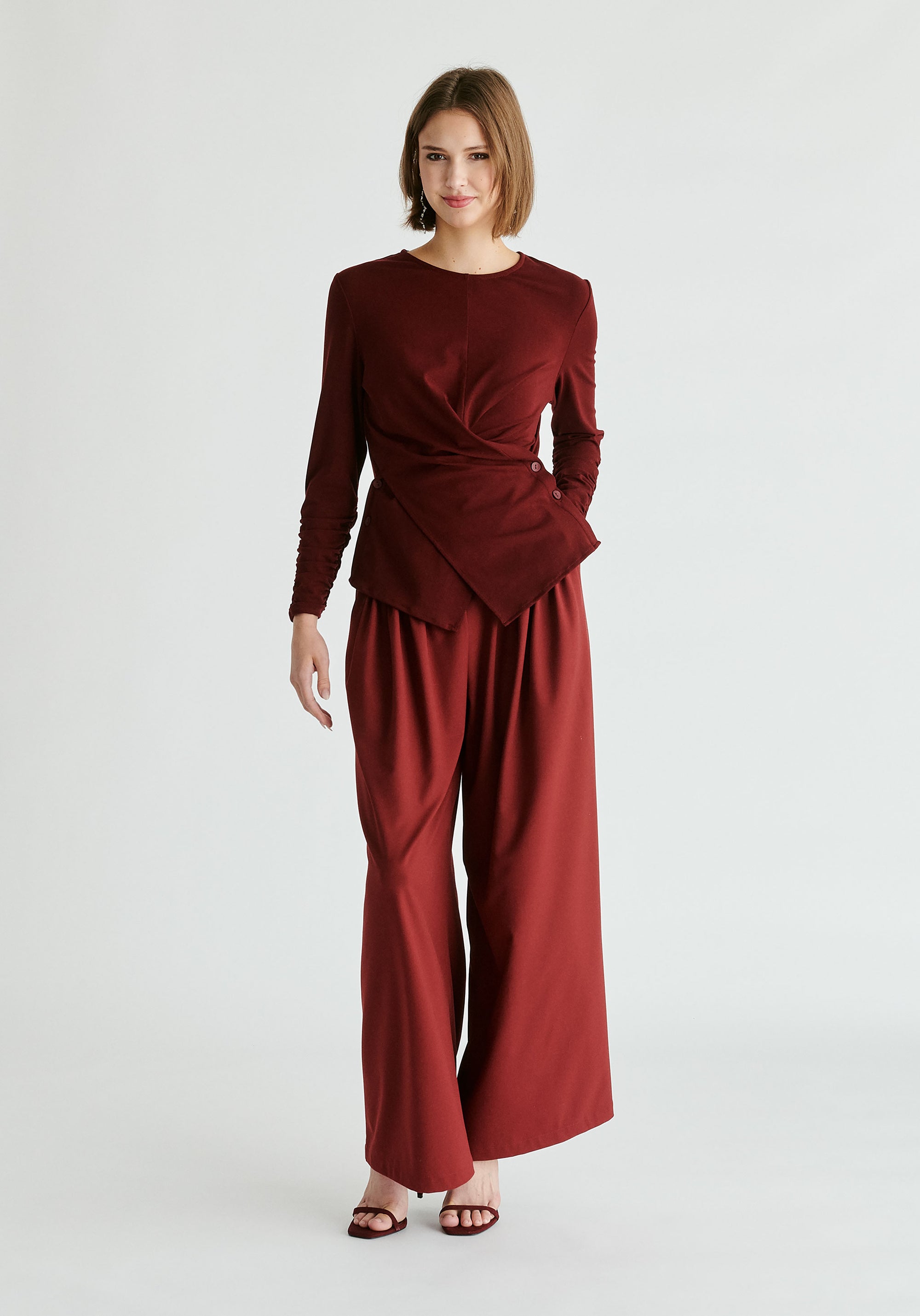 Side Button Jersey Wrap Top in Burgundy Front