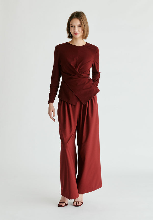 Side Button Jersey Wrap Top in Burgundy Front