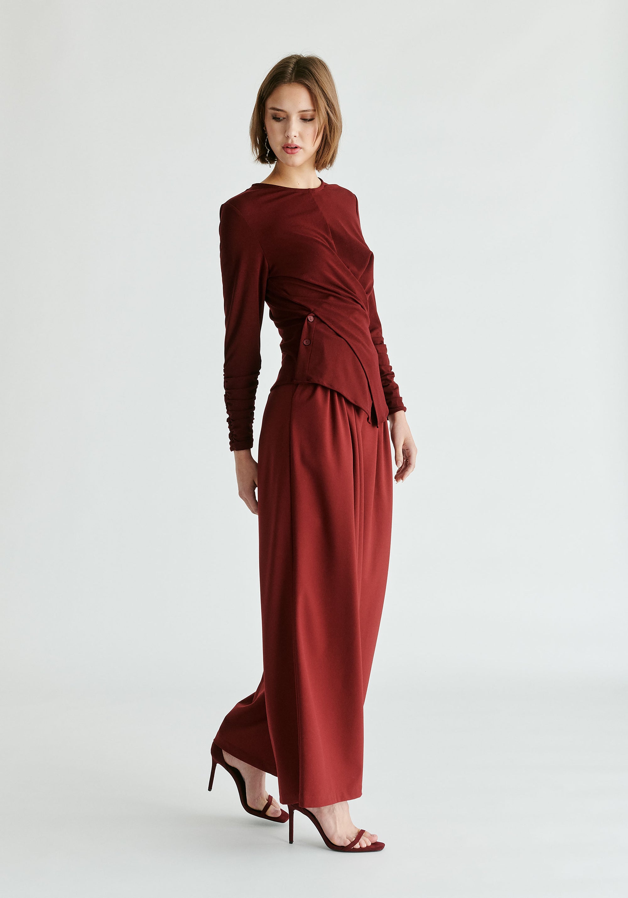 Side Button Jersey Wrap Top in Burgundy