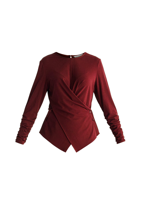 Side Button Jersey Wrap Top in Burgundy Cutout