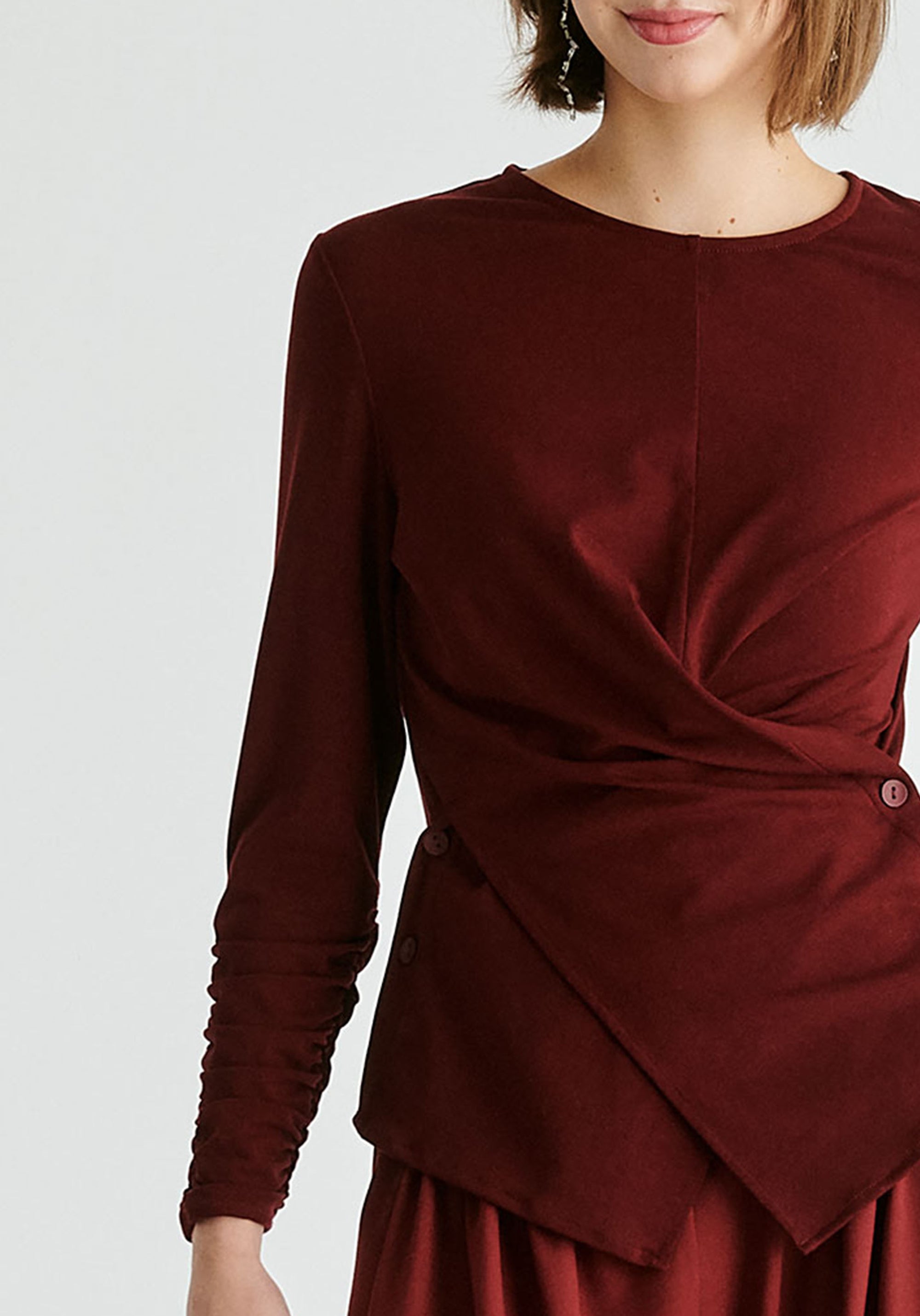 Side Button Jersey Wrap Top in Burgundy Closeup