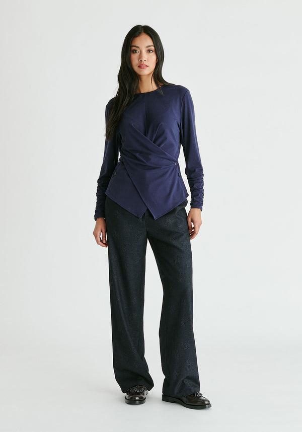 Side Button Jersey Wrap Top in Navy