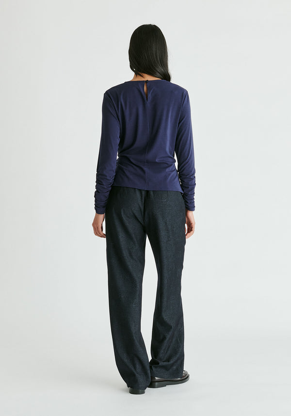 Side Button Jersey Wrap Top in Navy Back