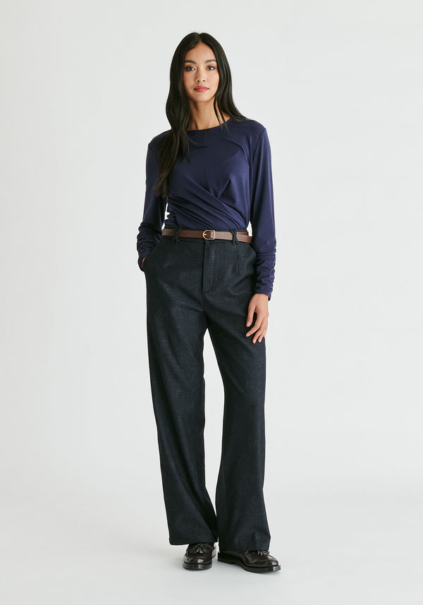 Side Button Jersey Wrap Top in Navy Front