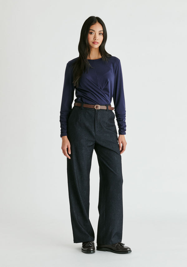 Side Button Jersey Wrap Top in Navy Front