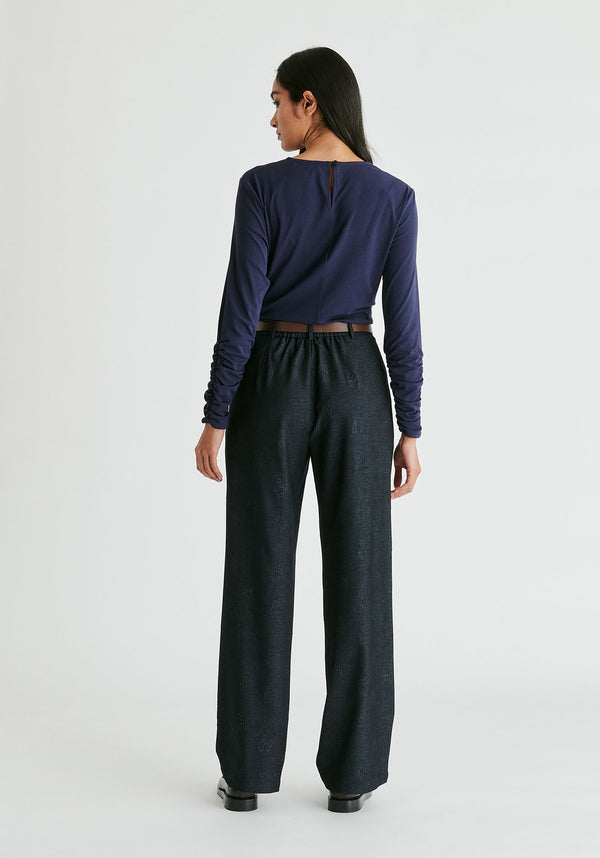 Side Button Jersey Wrap Top in Navy Back