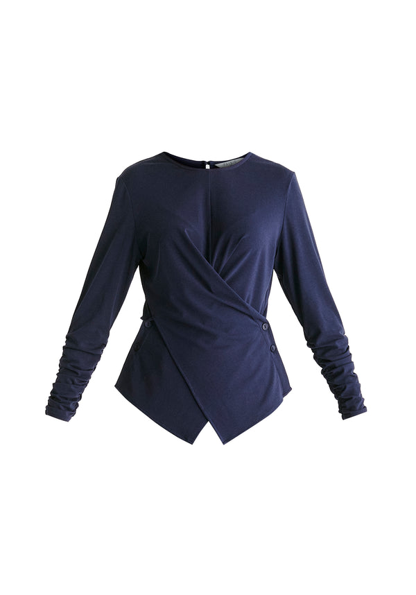 Side Button Jersey Wrap Top in Navy Cutout