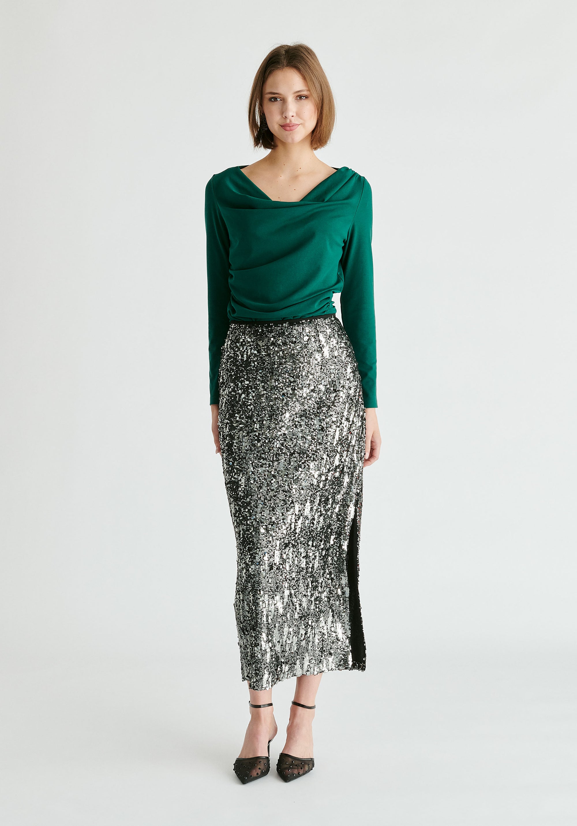 Sequin Midi Skirt with Side Slit in Dark Grey