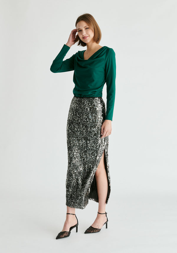 Sequin Midi Skirt with Side Slit in Dark Grey Side