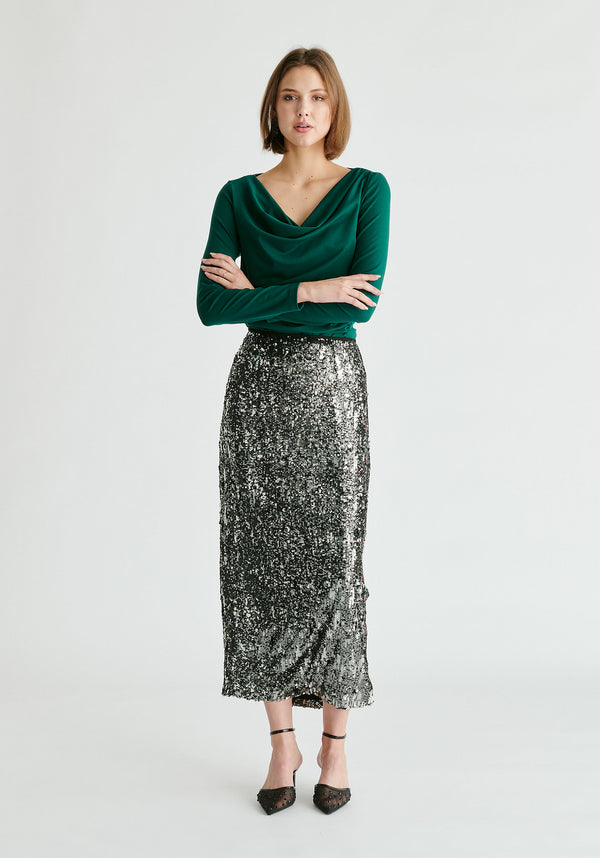 Sequin Midi Skirt with Side Slit in Dark Grey Front