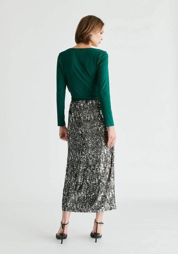Sequin Midi Skirt with Side Slit in Dark Grey Back