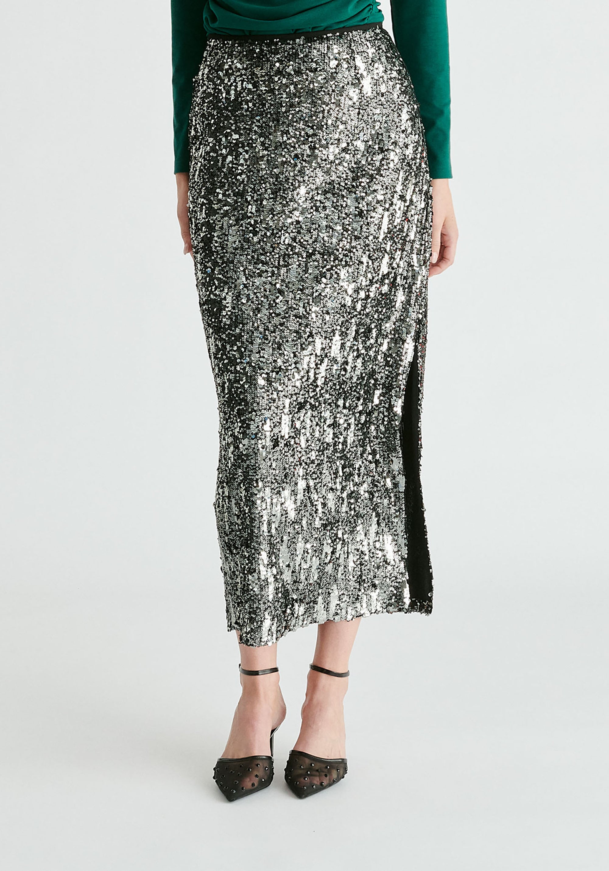 Sequin Midi Skirt with Side Slit in Dark Grey Closeup