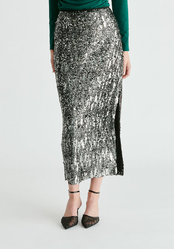 Sequin Midi Skirt with Side Slit in Dark Grey Closeup