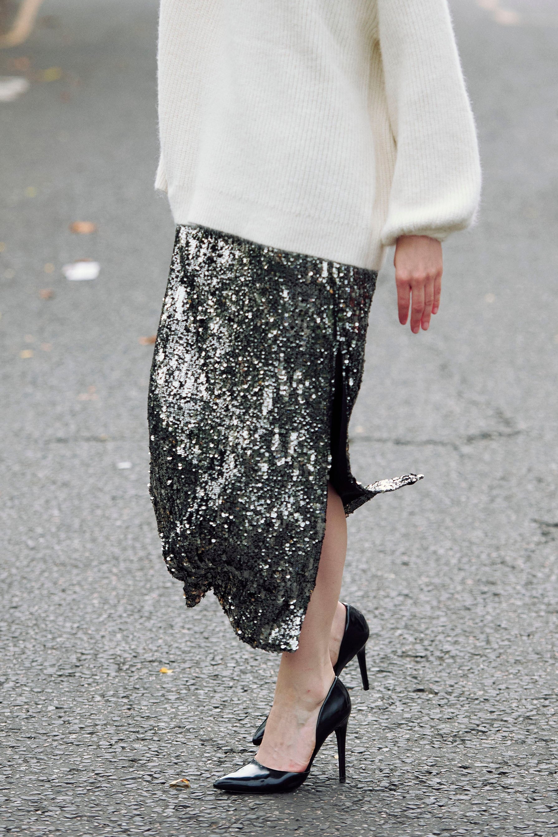 Sequin Midi Skirt with Side Slit in Dark Grey Photoshoot