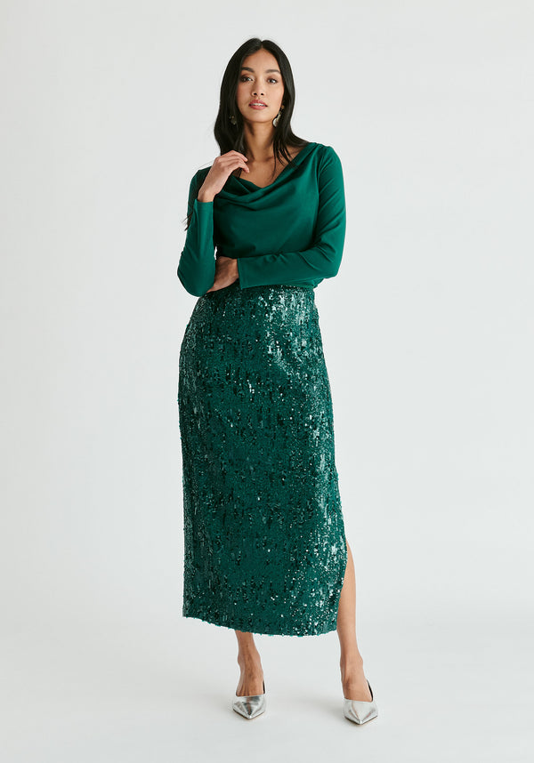Sequin Midi Skirt with Side Slit in Green Front