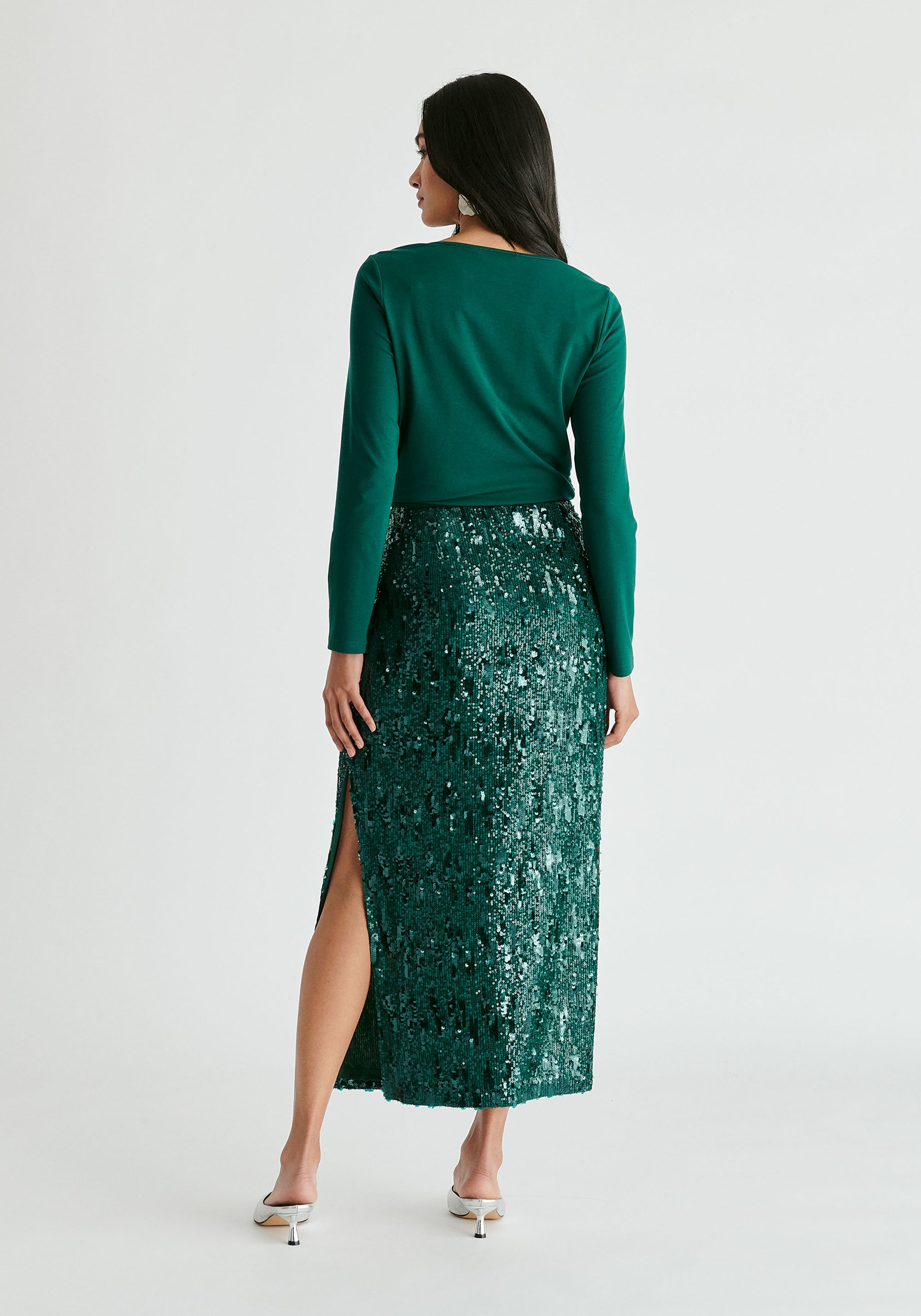 Sequin Midi Skirt with Side Slit in Green Back