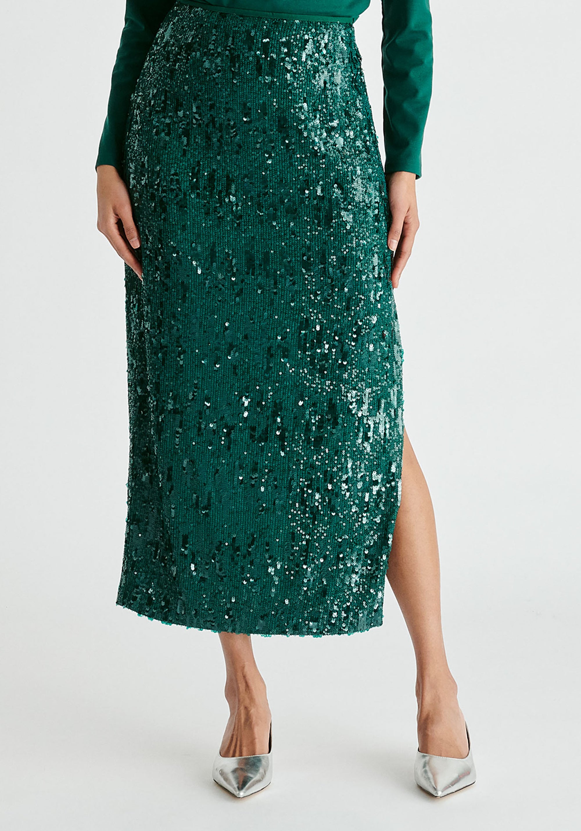 Sequin Midi Skirt with Side Slit in Green Closeup