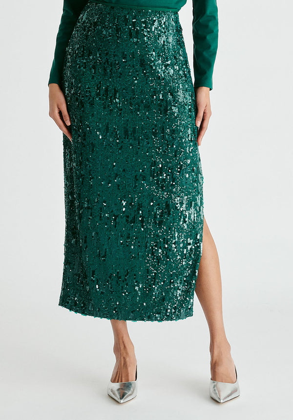 Sequin Midi Skirt with Side Slit in Green Closeup