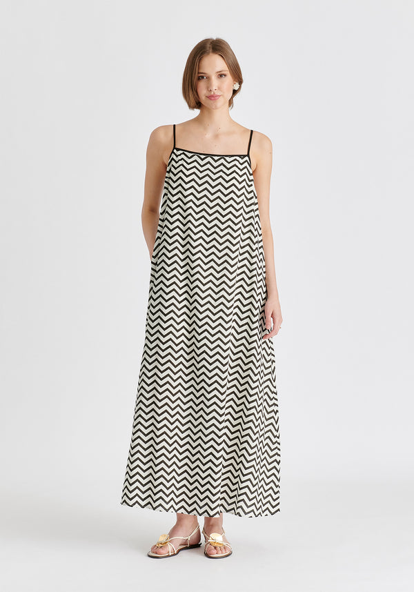 Spaghetti Strap Swing Dress in Zigzag Pattern in White and Black