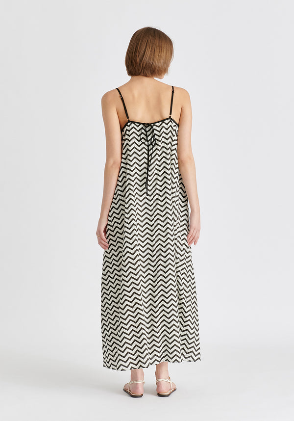 Spaghetti Strap Swing Dress in Zigzag Pattern in White and Black Back