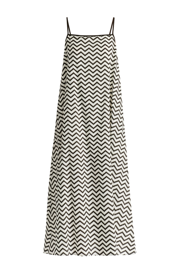 Spaghetti Strap Swing Dress in Zigzag Pattern in White and Black Cutout